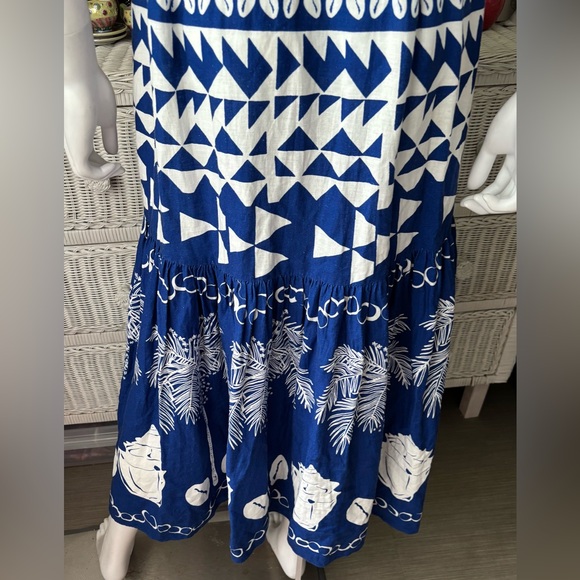 Farm Rio Ondina Linen blend Midi Dress with Cutout Waist in Blue & White Size M - Picture 8 of 13